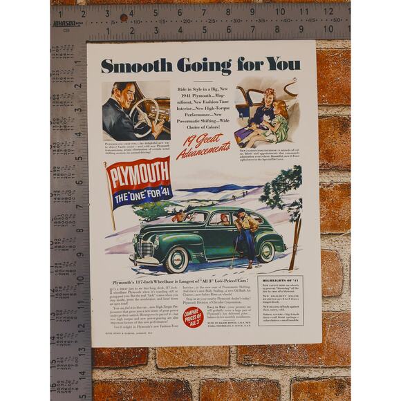 1941 Plymouth Print Ad - Green Sedan Winter Driving Scene "Smooth Going for You" - Picture 2 of 10